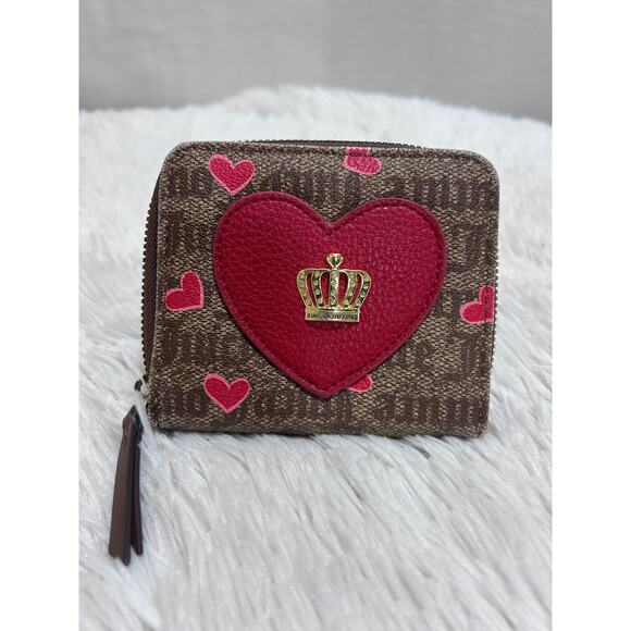 Juicy Couture Red Heart Brown Chestnut Logo Gold Zipper Leather Wallet 4"X5" - Picture 1 of 6